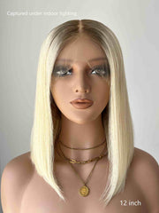 Ariana Human Hair Bob Wig – 12 Inch Straight European Wig, Grey Roots to Blonde Ombre, Glueless HD Lace - MillionWig