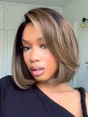 Aubrie 10 inch bob wig with brown blonde highlights worn by model, natural front view