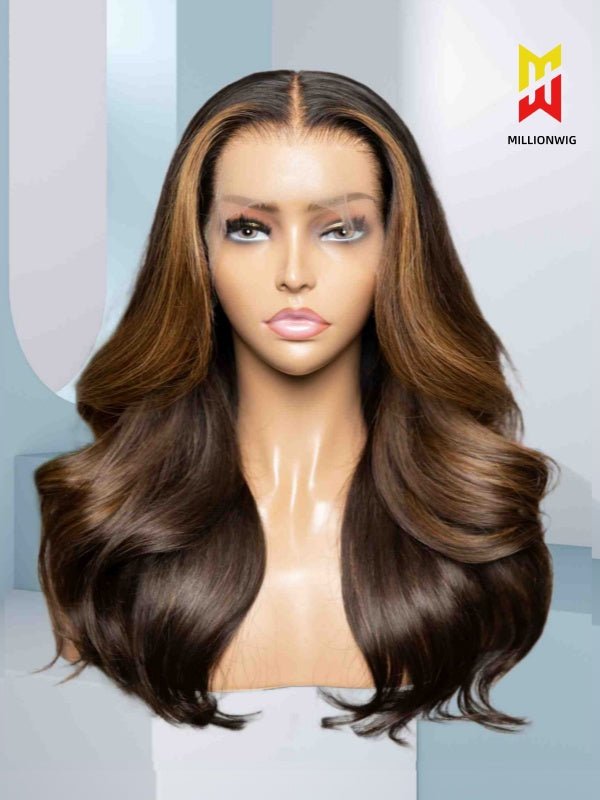 Mannequin front view of Angie highlighted wig – soft wave texture and lace front