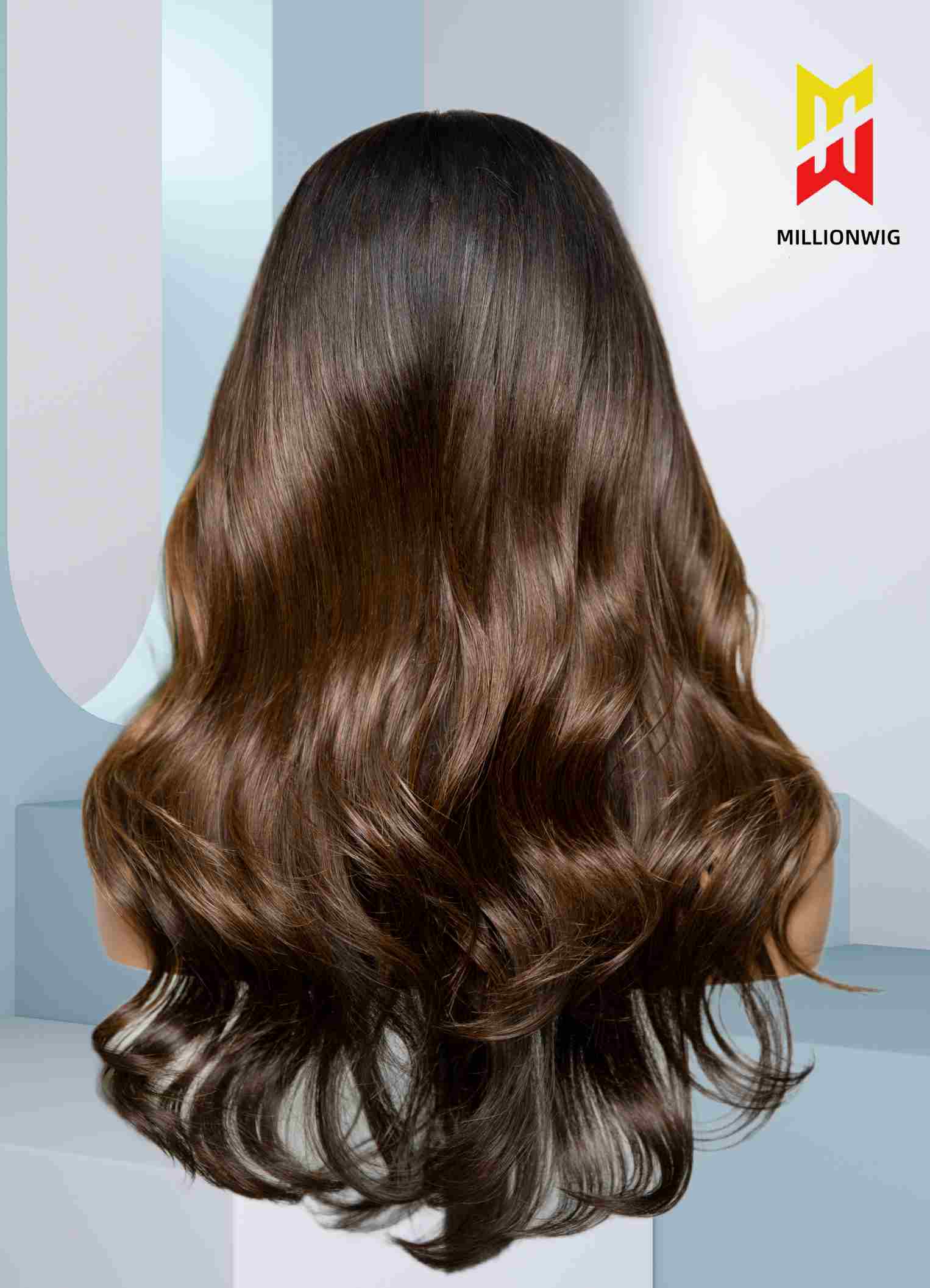 Back view of loose wave brown highlight wig – full body and shine