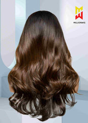 Back view of loose wave brown highlight wig – full body and shine