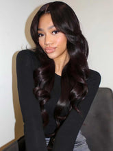 Model wearing Missy natural black human hair wig with bangs – front view