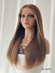 Right side view of straight human hair wig with highlights