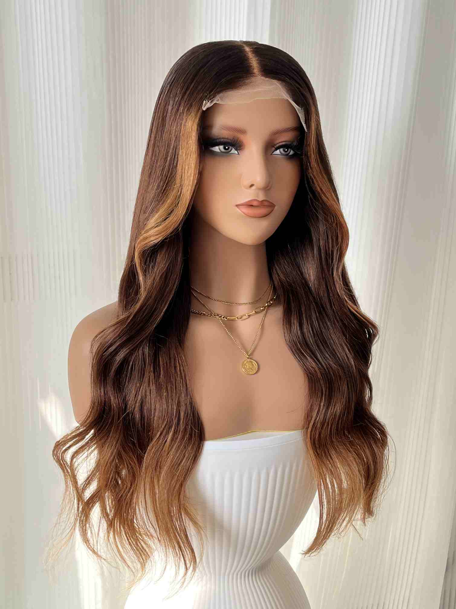 Right side view of Charlotte wig with middle part and face-framing strands