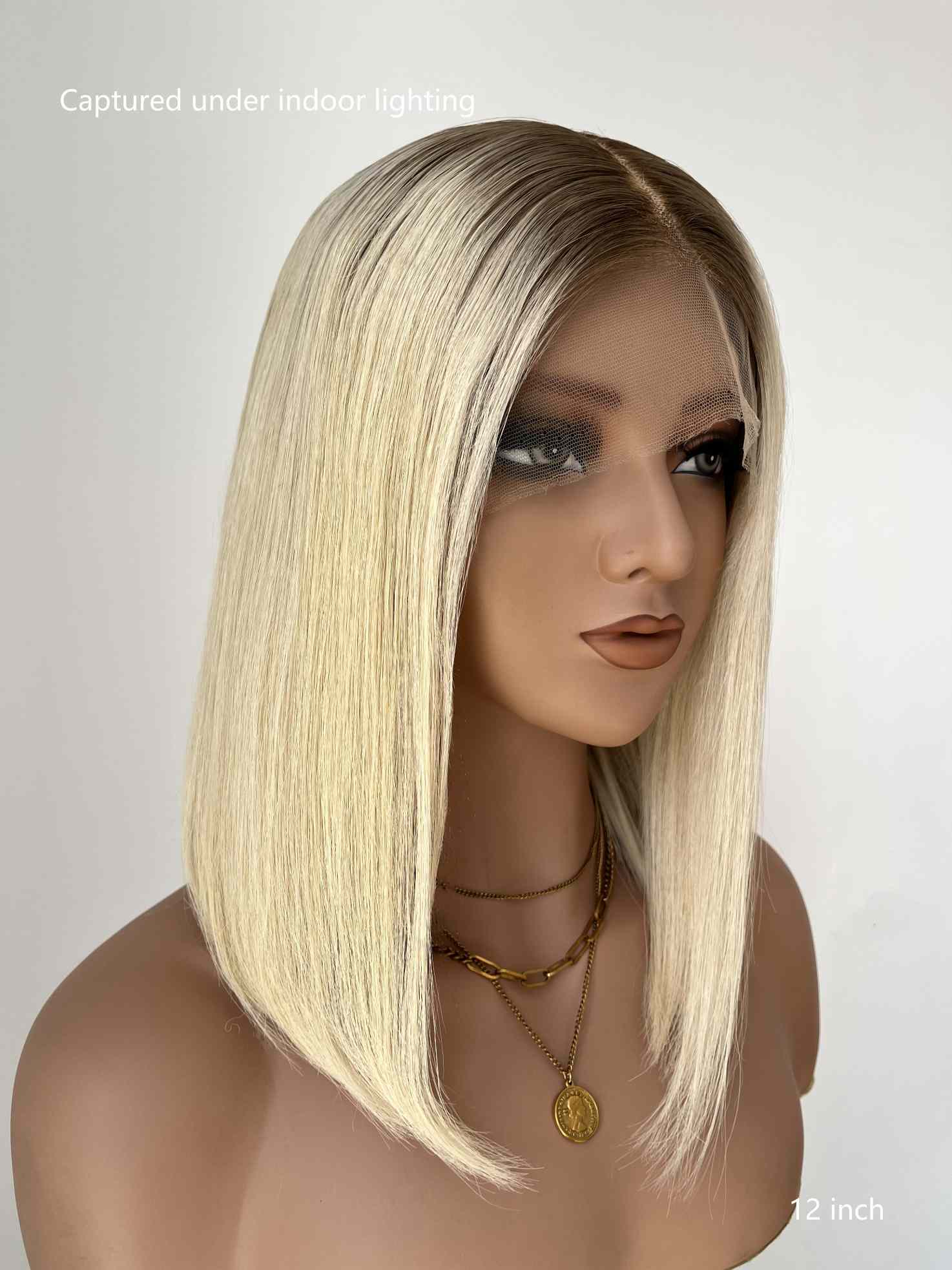Ariana Human Hair Bob Wig – 12 Inch Straight European Wig, Grey Roots to Blonde Ombre, Glueless HD Lace - MillionWig