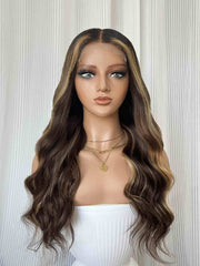 Summer Ombre wig front view on mannequin – three-tone body wave