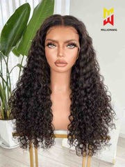 Front view of curly human hair wig on mannequin – HD lace natural hairline