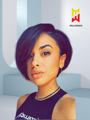 Model 2 showing Fay 8 inch Pixie Bob Wig – sleek natural black HD lace wig