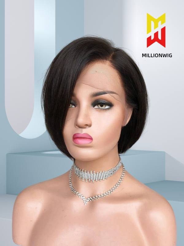 Side view of natural black pixie cut bob wig on mannequin