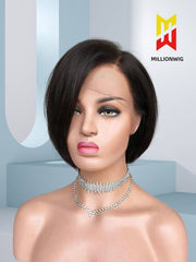 Side view of natural black pixie cut bob wig on mannequin