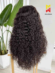 Back view of voluminous curly human hair wig – natural black color