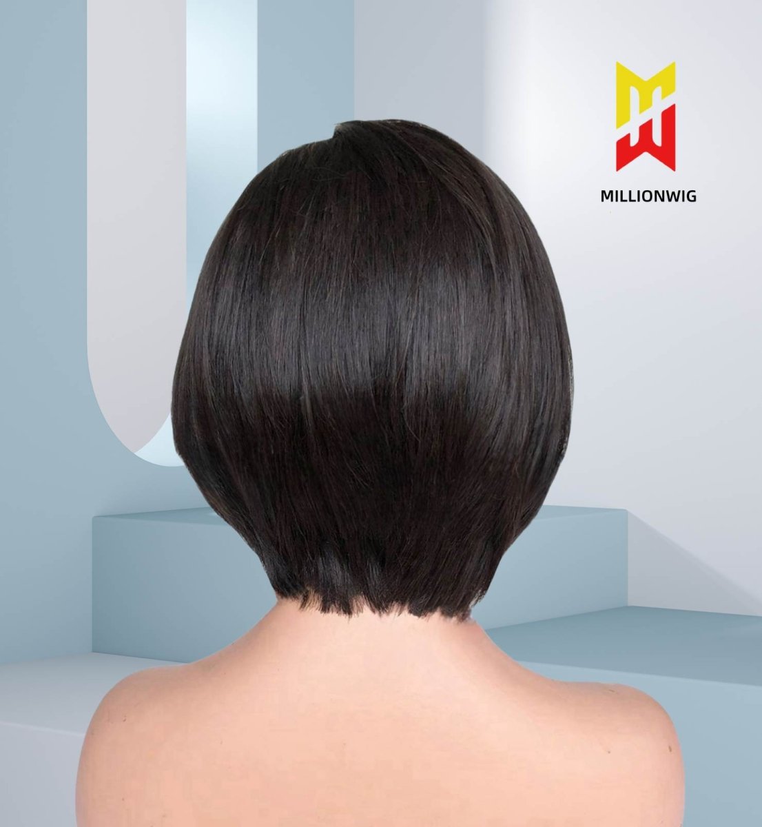 Back view of 8 inch glueless bob wig on mannequin – human hair