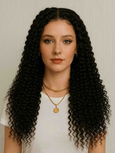 Model wearing Doris 5mm Curly Wig – natural black, HD lace front view