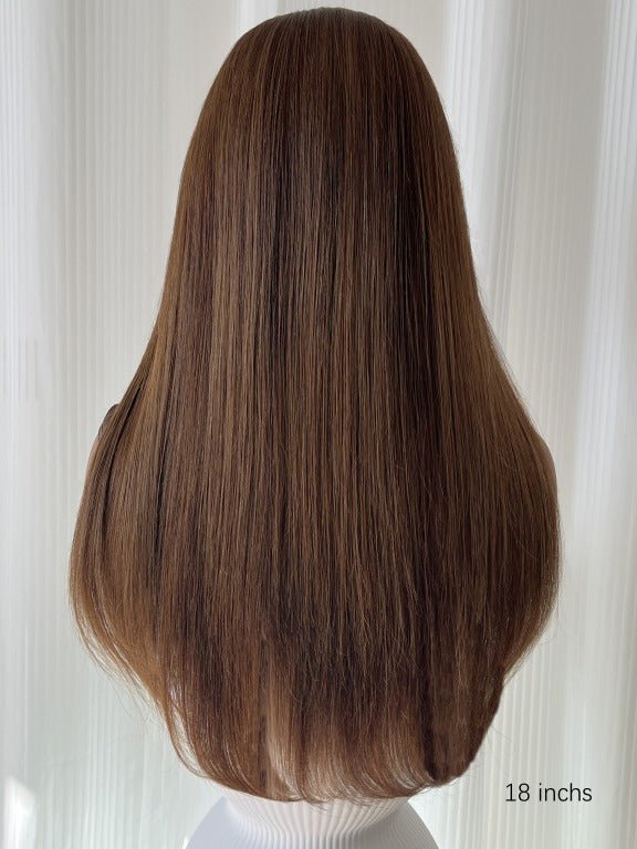 Back view of long brown straight human hair wig with natural shine