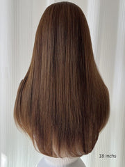 Back view of long brown straight human hair wig with natural shine