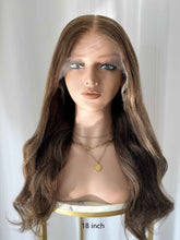 Honey brown wig with golden highlights on mannequin – front view, HD lace, 100% human hair