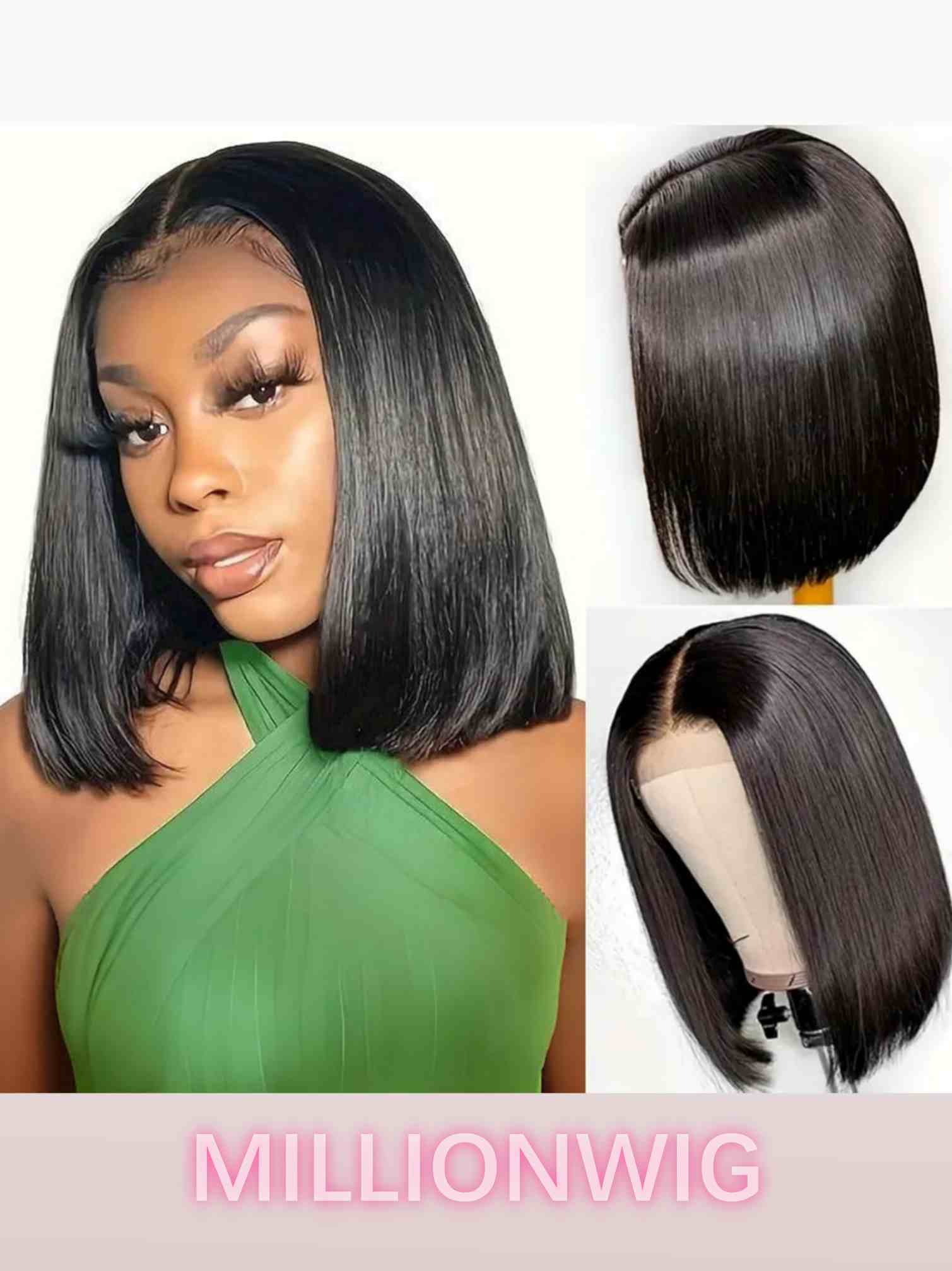 Model 3 front and side wearing glueless straight black bob wig