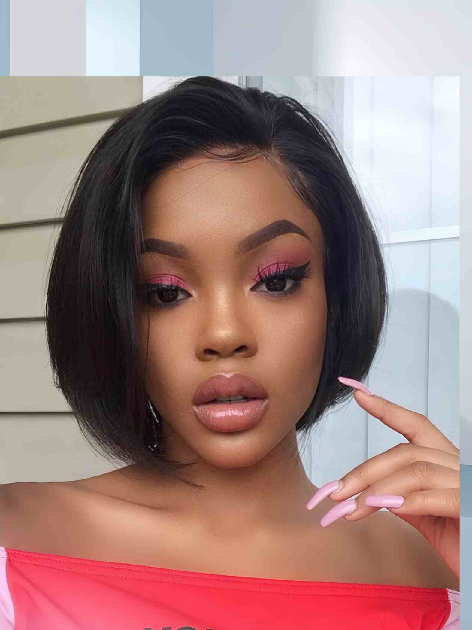 Model 1 wearing Fay Pixie Cut Bob Wig – front view in natural black