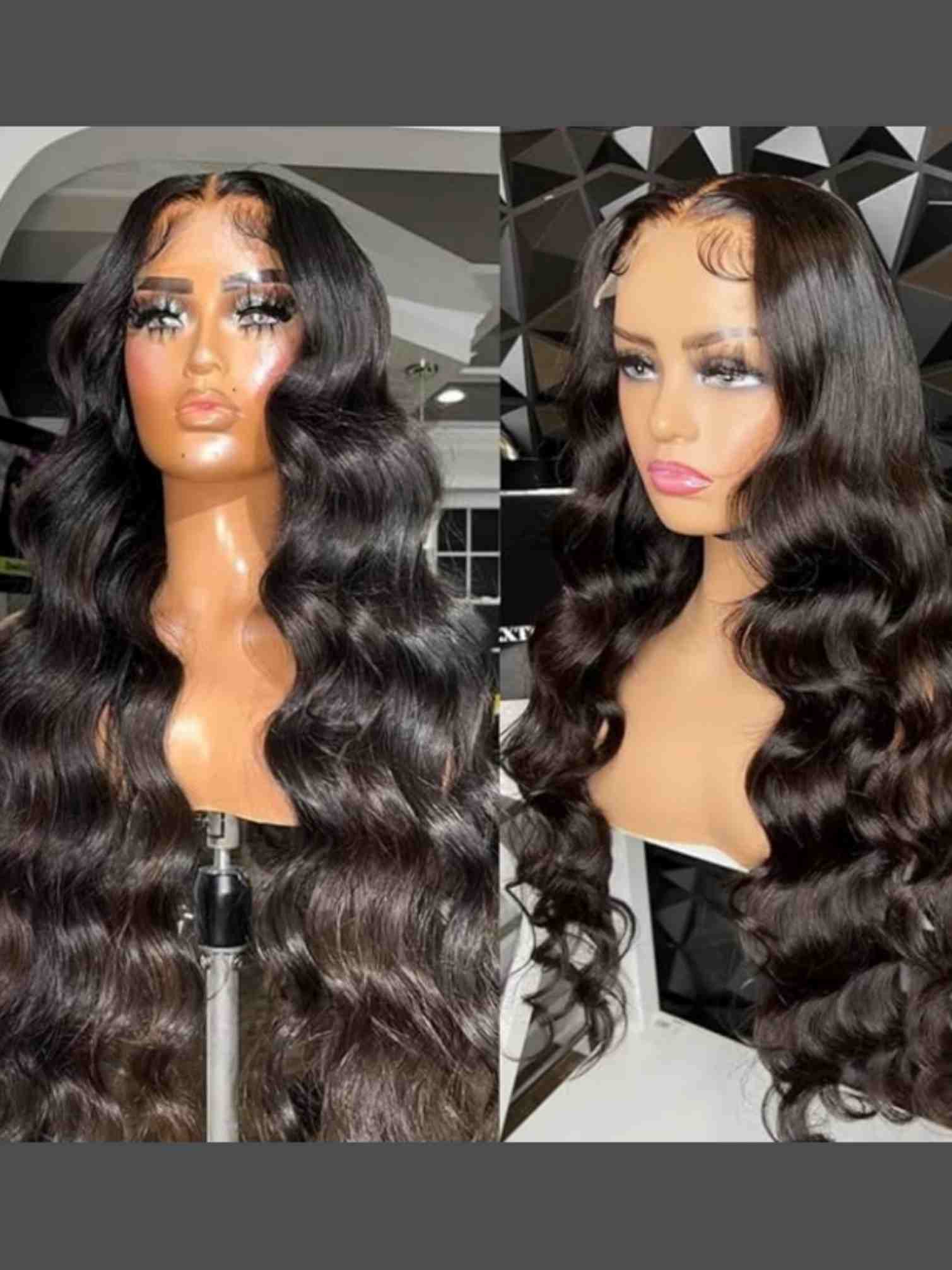 Angled front-side view of Della body wave wig showing lace blend and hair flow