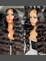 Angled front-side view of Della body wave wig showing lace blend and hair flow