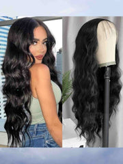 Side profile of model wearing Della wig + mannequin side view showing wave pattern