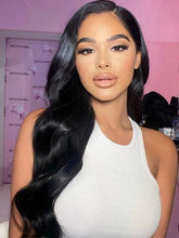 Model wearing Della natural black body wave wig – front view