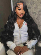 Model wearing Hazel black wavy human hair wig – front view