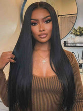 Model wearing Angela Straight Wig – front view with HD lace and natural black color