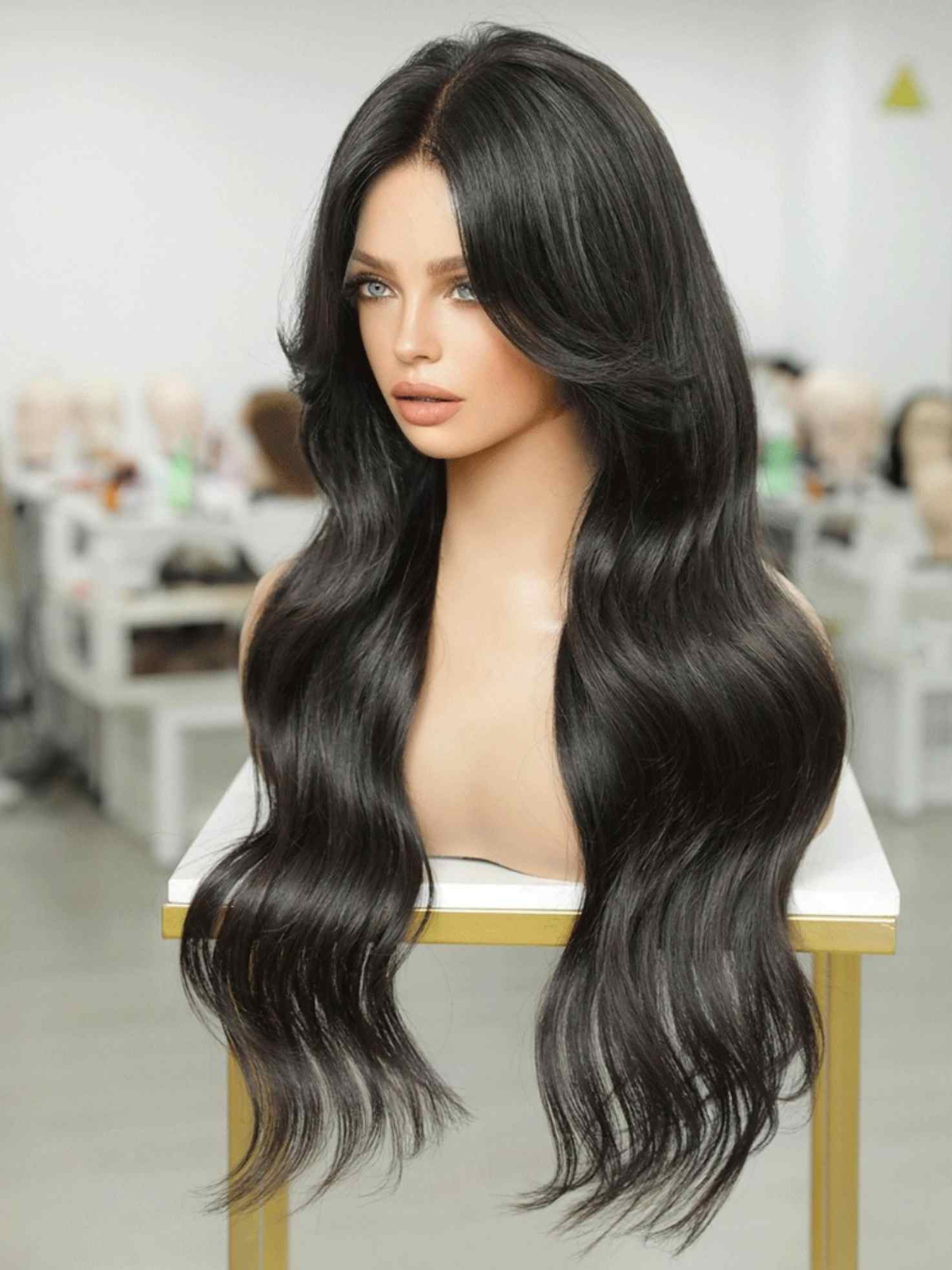 Angled side view of black wavy human hair wig with bangs