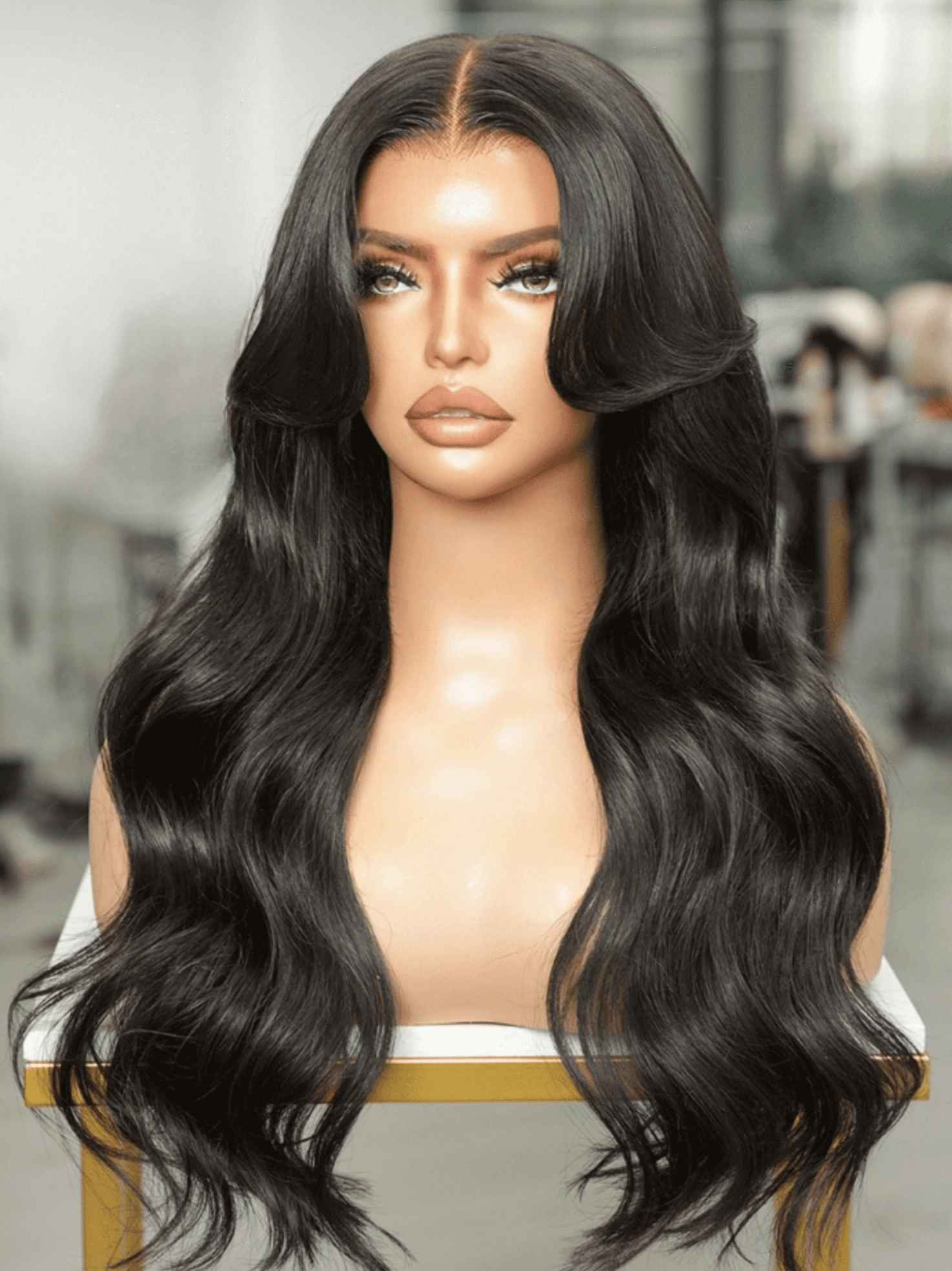Front view of Missy wig on mannequin showing fringe and HD lace hairline