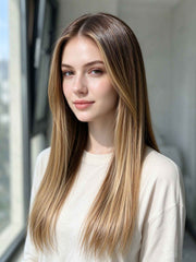 SOLARA highlighted human hair wig on model