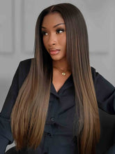 Model wearing Tiffany ombre brown straight wig with light highlights – front view