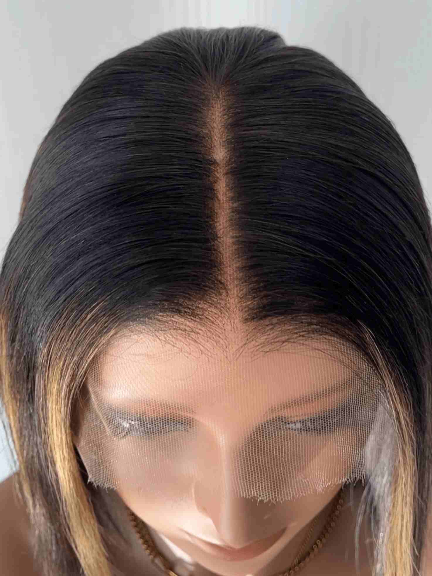 Top view of Aubrie bob wig showing clean bleached knots and natural scalp effect