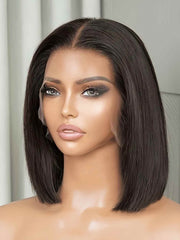 Side view of Bonnie natural black bob wig on mannequin