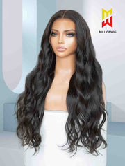 hazel black wavy wig mannequin front view, HD lace human hair wig natural curls