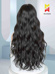 black wavy human hair wig back view, full volume textured curls