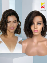 Model wearing Kiana 10 inch bob wig – brown highlights and loose waves, front view