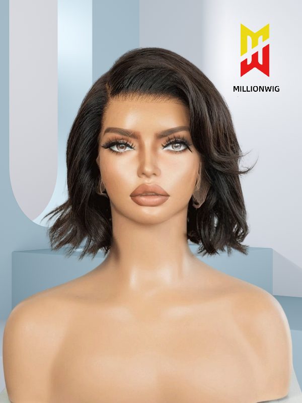 Front view of Tamia wavy bob HD lace wig on mannequin