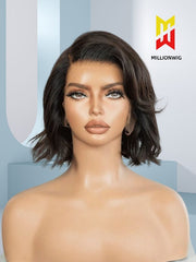Front view of Tamia wavy bob HD lace wig on mannequin