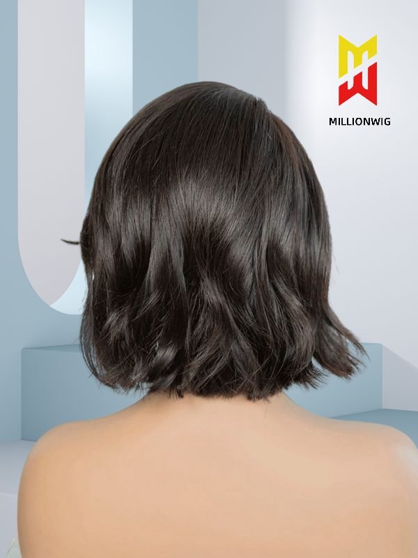 Back view of 10-inch short wavy human hair bob wig
