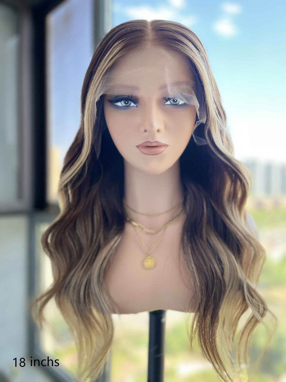 Selena chocolate brown wavy European hair wig with silver highlights, front view, HD lace,