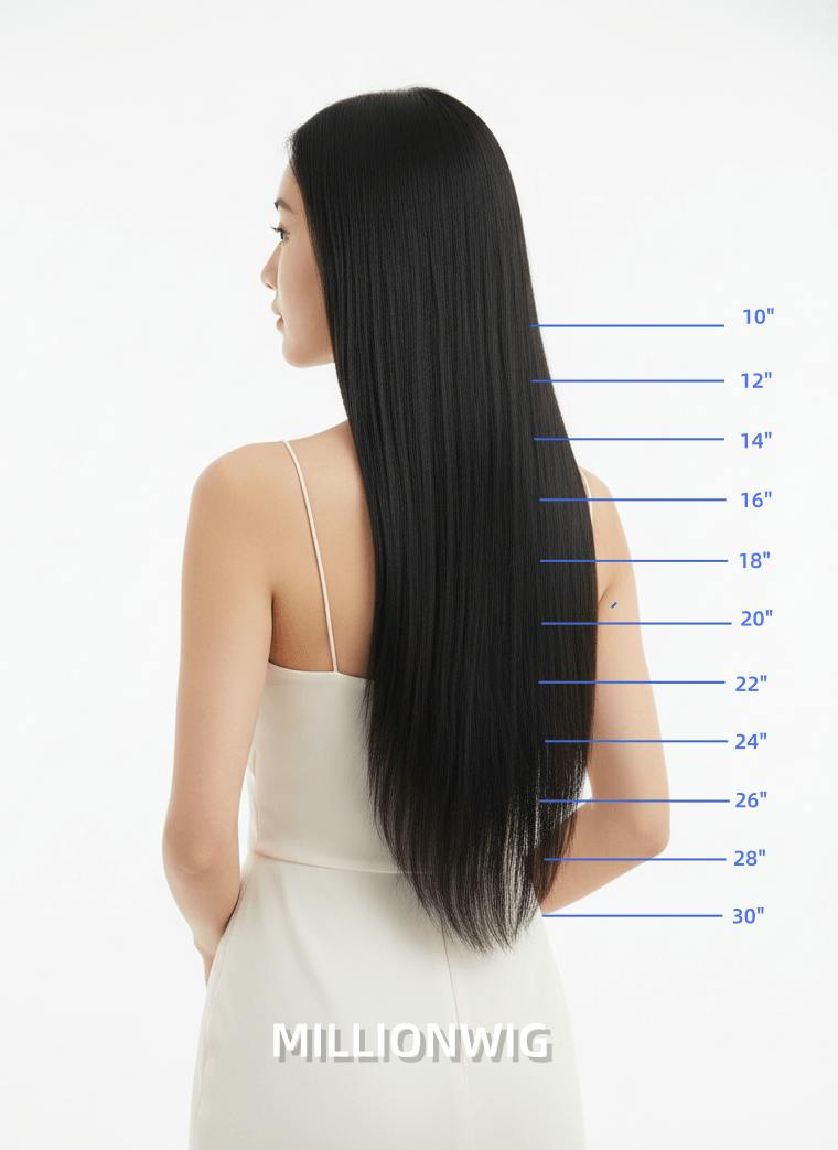 A woman shown from the back wearing a long, straight black wig, with blue length markers ranging from 10 inches to 30 inches and the text MILLIONWIG at the bottom on a white background.