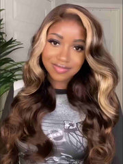 Bess Brown Wig with Highlights Glueless  Human Hair HD Lace Wavy Texture