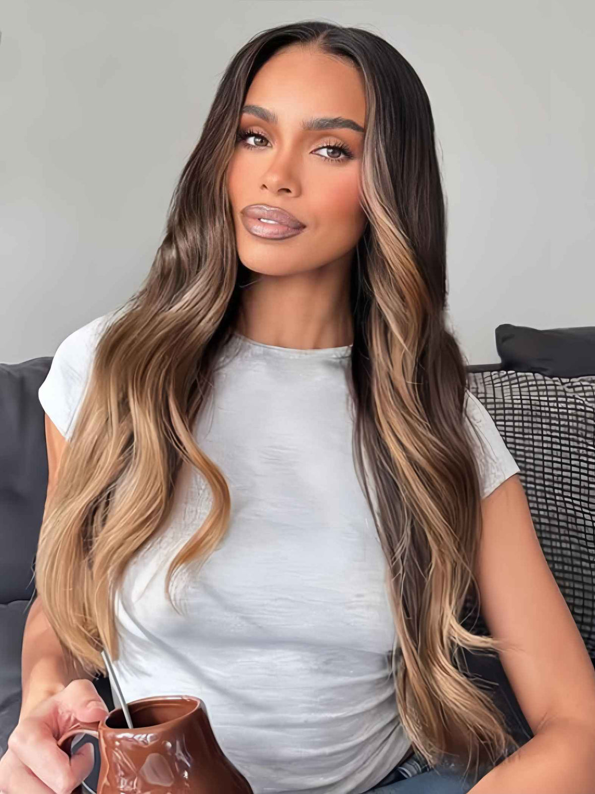 Selena Chocolate Brown Wavy European Hair Wig with Silver Highlights | HD Lace | Glueless & Beginner Friendly - MillionWig
