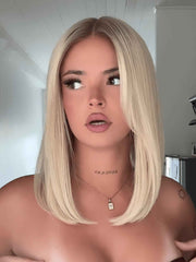 Ariana 12 inch straight human hair wig with HD lace, natural hairline, model wearing front view