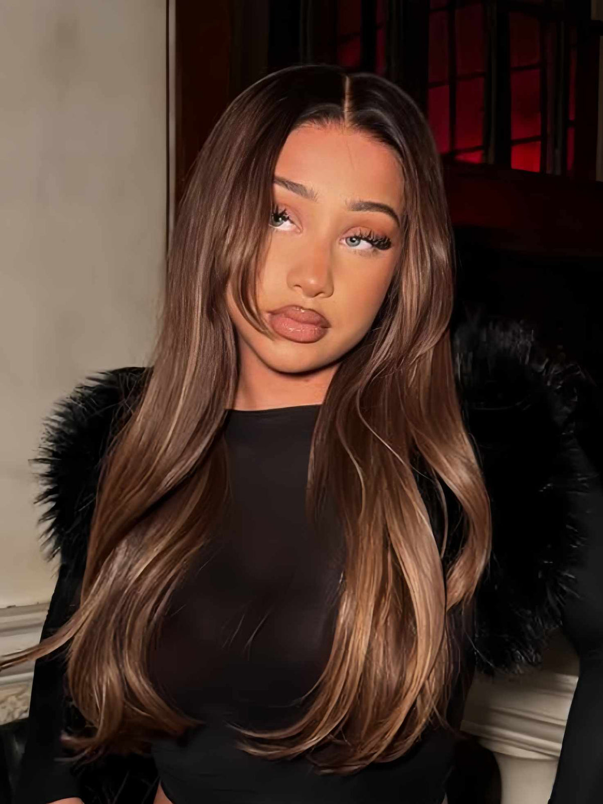 honey brown highlight wig human hair front view wavy HD lace