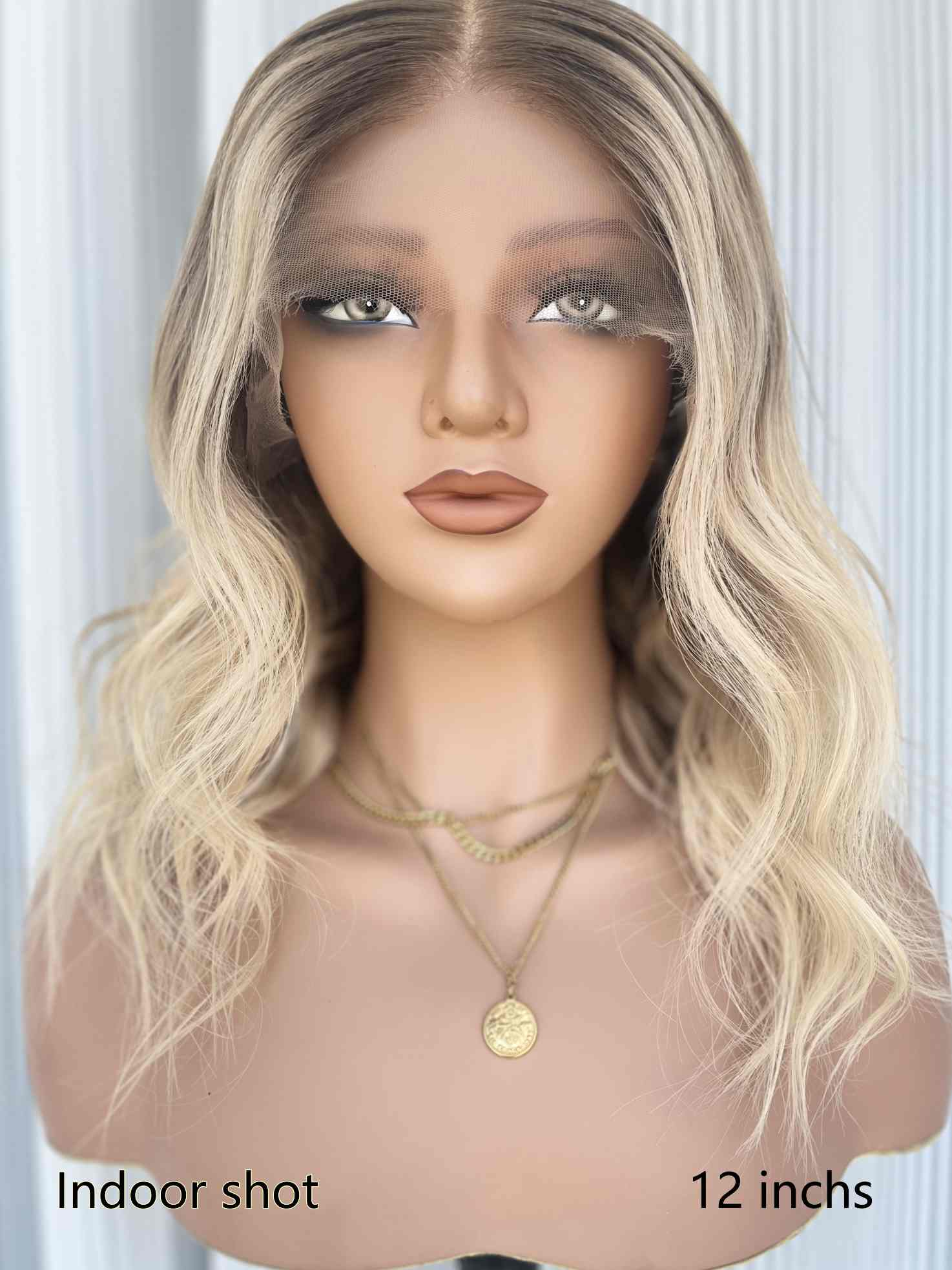 Aurora Blonde Short Wavy Wig 12 Inch – Indoor Front View on Mannequin | HD Lace Glueless Wig