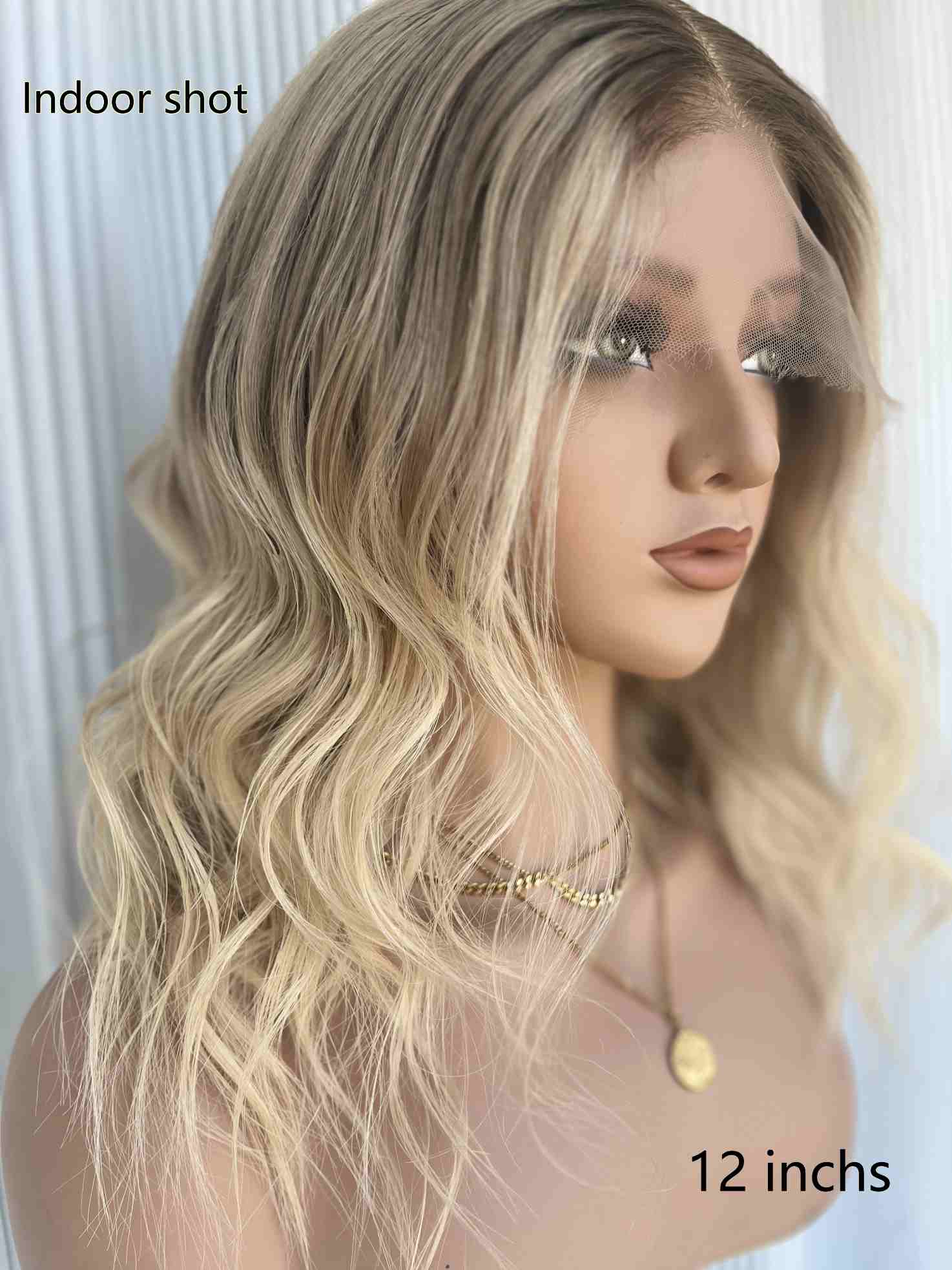Aurora Blonde Short Wavy Wig 12 Inch – Indoor Side View on Mannequin | Ash Gray Root Blonde Ombre