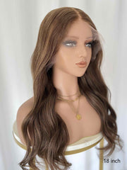 Right side view of Gildelle honey brown wig with soft golden highlights – human hair wig