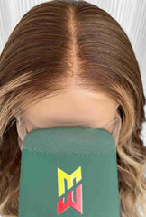 HD lace and top view of Selena chocolate brown European hair wig with silver highlights, natural hairline, glueless cap